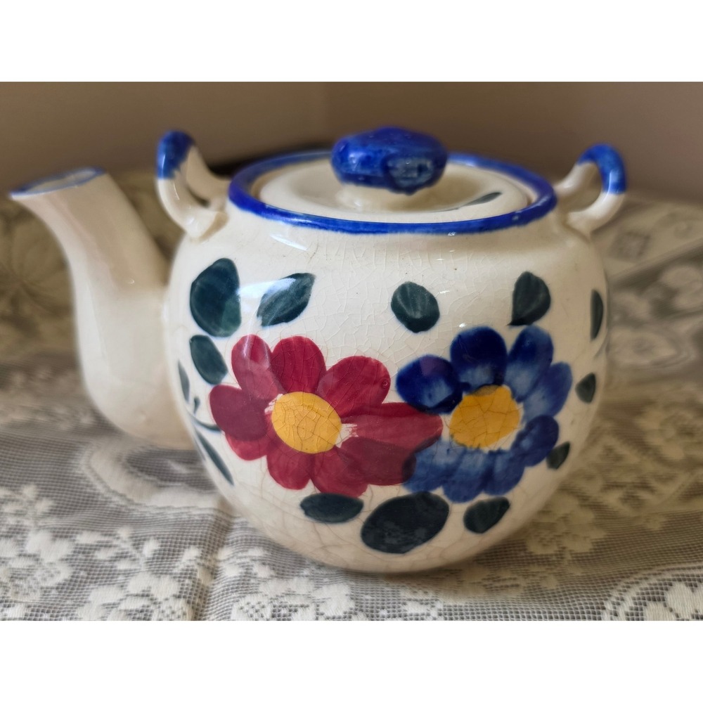Vtg Made in Japan Hand Painted Flower Tea Pot Blue Red Floral Crazing Glaze